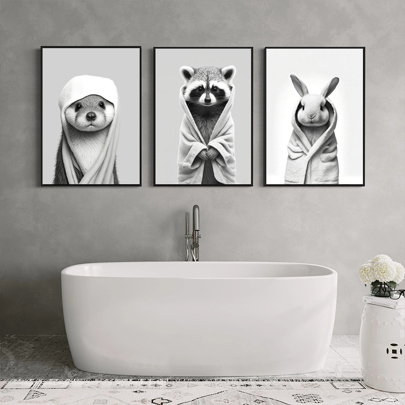 Home Bathroom Wear - Panda Monkey Tiger Wearing Bathrobe Poster